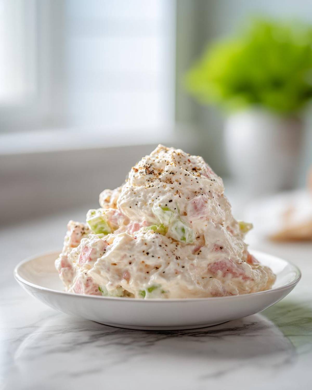 A mound of creamy ham salad recipe with visible chunks of ham and celery, topped generously with cracked black pepper.