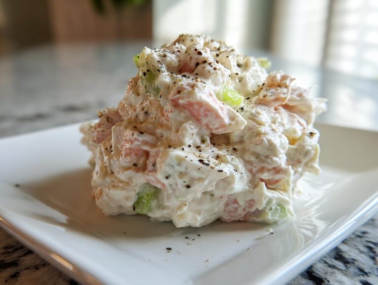A close-up of a perfectly scooped portion of creamy ham salad recipe, topped with fresh black pepper.