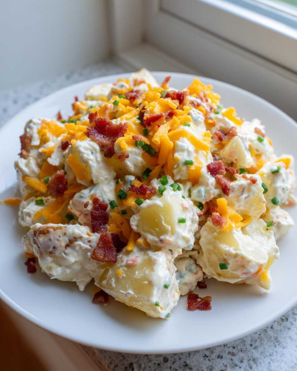 A serving of rich, creamy Loaded Potato Salad topped generously with shredded cheddar cheese, crispy bacon bits, and fresh chives.