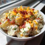 A white bowl filled with creamy Loaded Potato Salad topped generously with shredded cheddar cheese, crispy bacon bits, and fresh chives.