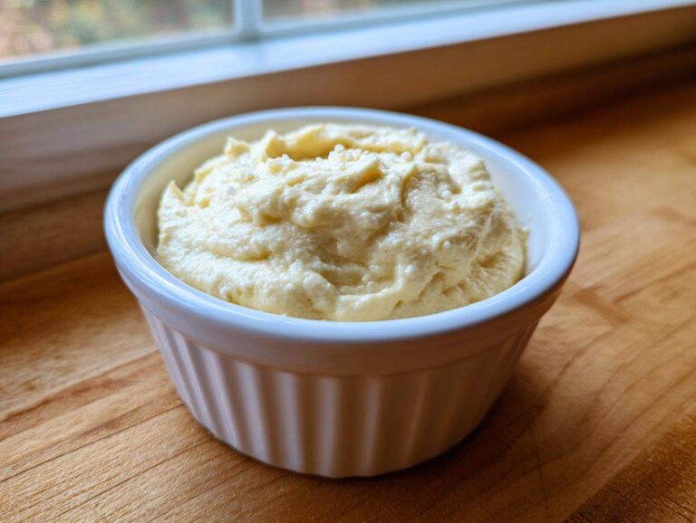 A close-up of thick, creamy Low Carb Garlic Aioli served in a small white fluted ramekin on a wooden surface.