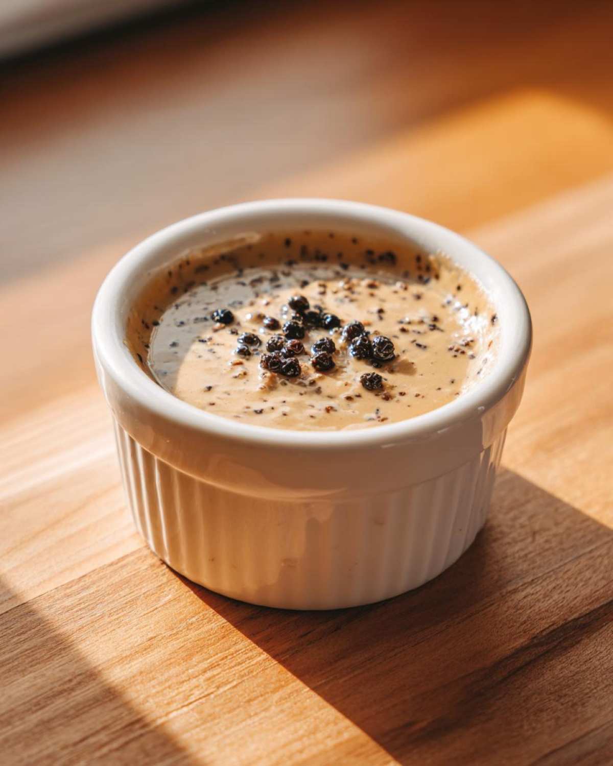 A small white ramekin filled with creamy peppercorn sauce, topped with whole black peppercorns.