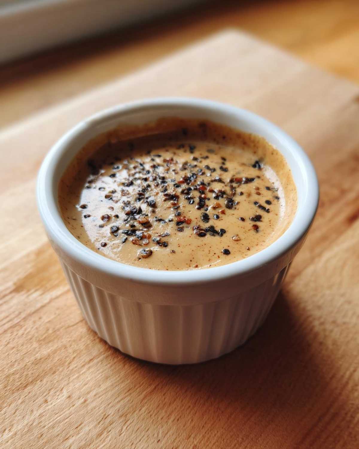 Close-up of creamy peppercorn sauce topped with cracked black peppercorns in a small white ramekin.