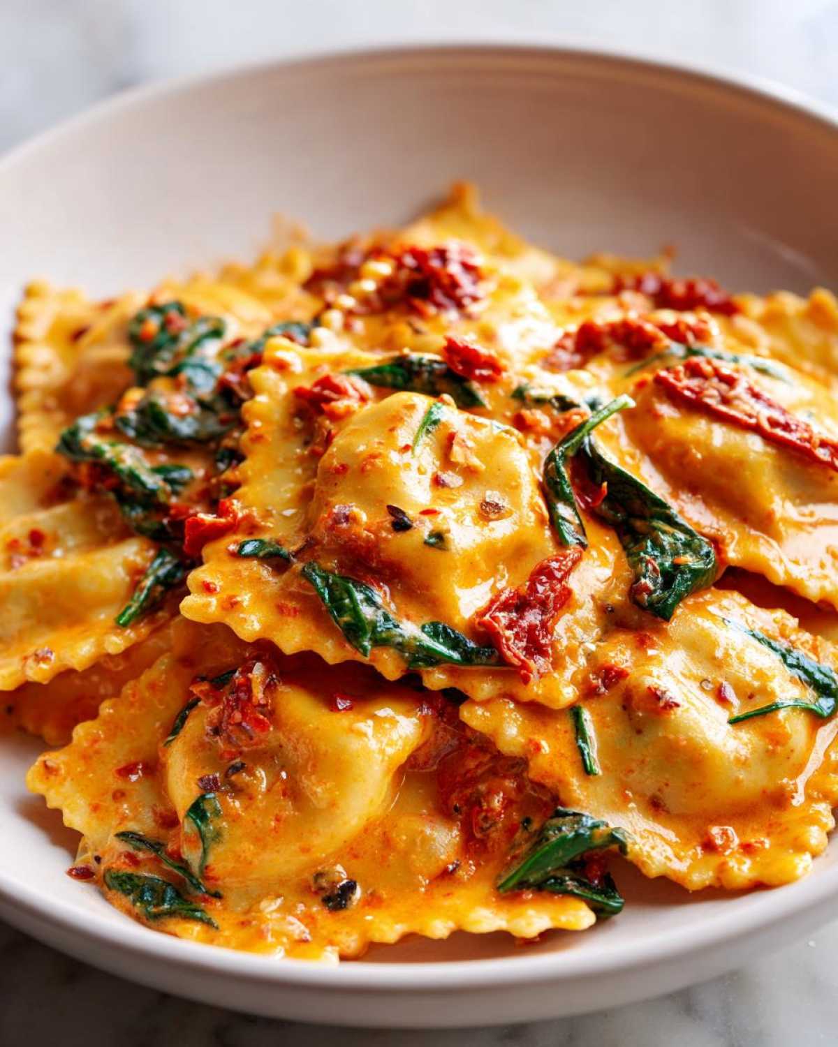 A close-up shot of delicious creamy Tuscan ravioli tossed in a rich, orange-hued sauce with spinach and sun-dried tomatoes.