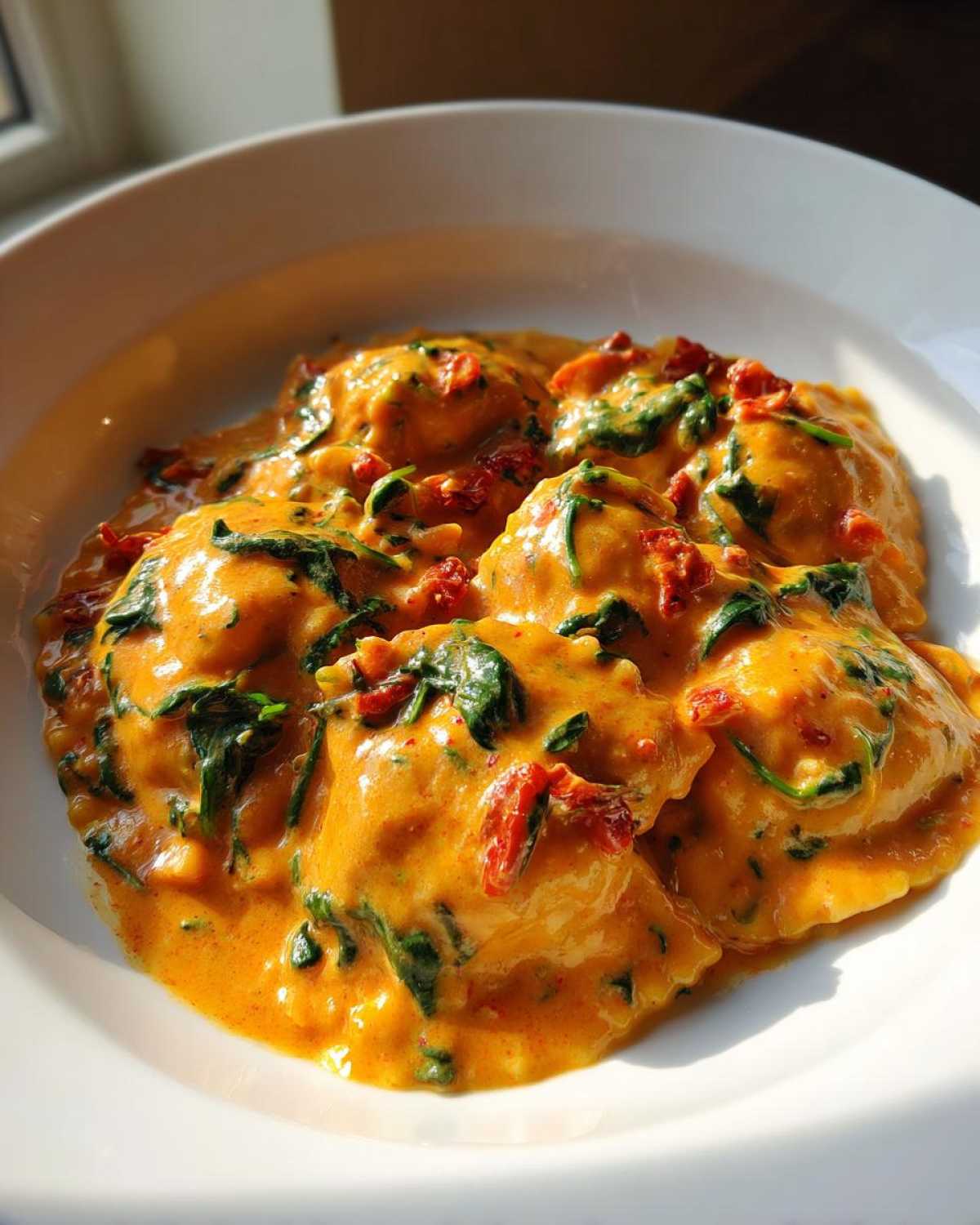 A close-up shot of several ravioli swimming in a rich, orange-hued creamy Tuscan ravioli sauce with spinach and sun-dried tomatoes.