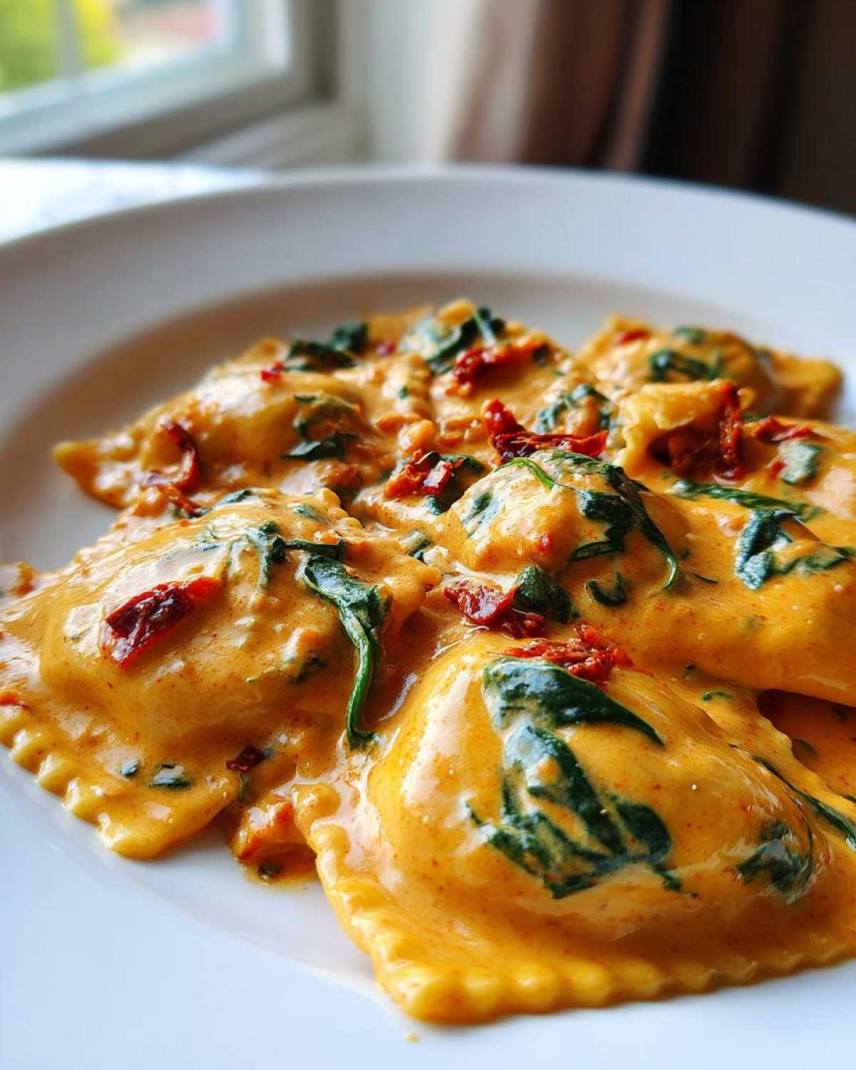 A close-up shot of several pieces of creamy Tuscan ravioli generously coated in a rich, orange-hued sauce with visible spinach and sun-dried tomatoes.