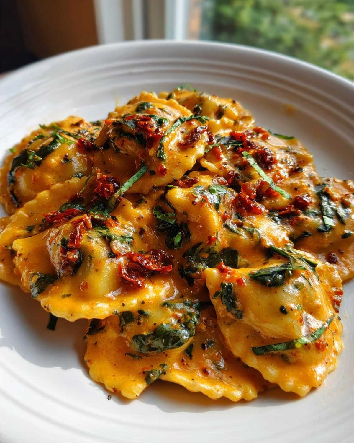 A close-up of several ravioli pieces coated in a rich, orange creamy Tuscan ravioli sauce with spinach and sun-dried tomatoes.