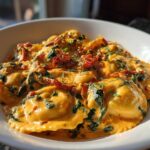 A close-up of creamy Tuscan ravioli swimming in a rich, orange-hued sauce with spinach and sun-dried tomatoes.