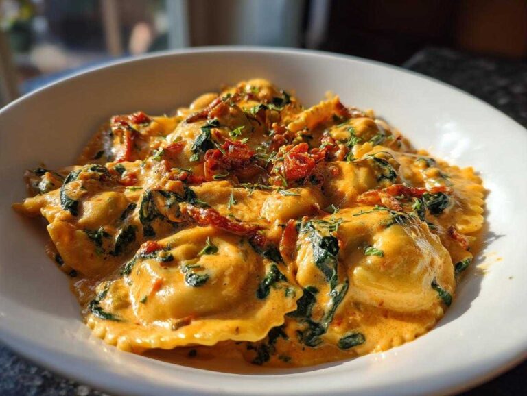 A close-up of creamy Tuscan ravioli swimming in a rich, orange-hued sauce with spinach and sun-dried tomatoes.