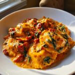 A close-up of a white bowl filled with rich, orange-hued creamy Tuscan ravioli, mixed with sun-dried tomatoes and spinach.