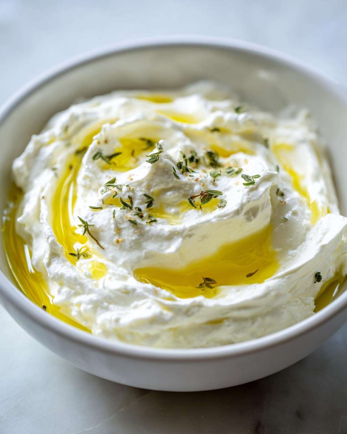Close-up of creamy whipped feta dip drizzled with golden olive oil and sprinkled with fresh thyme.