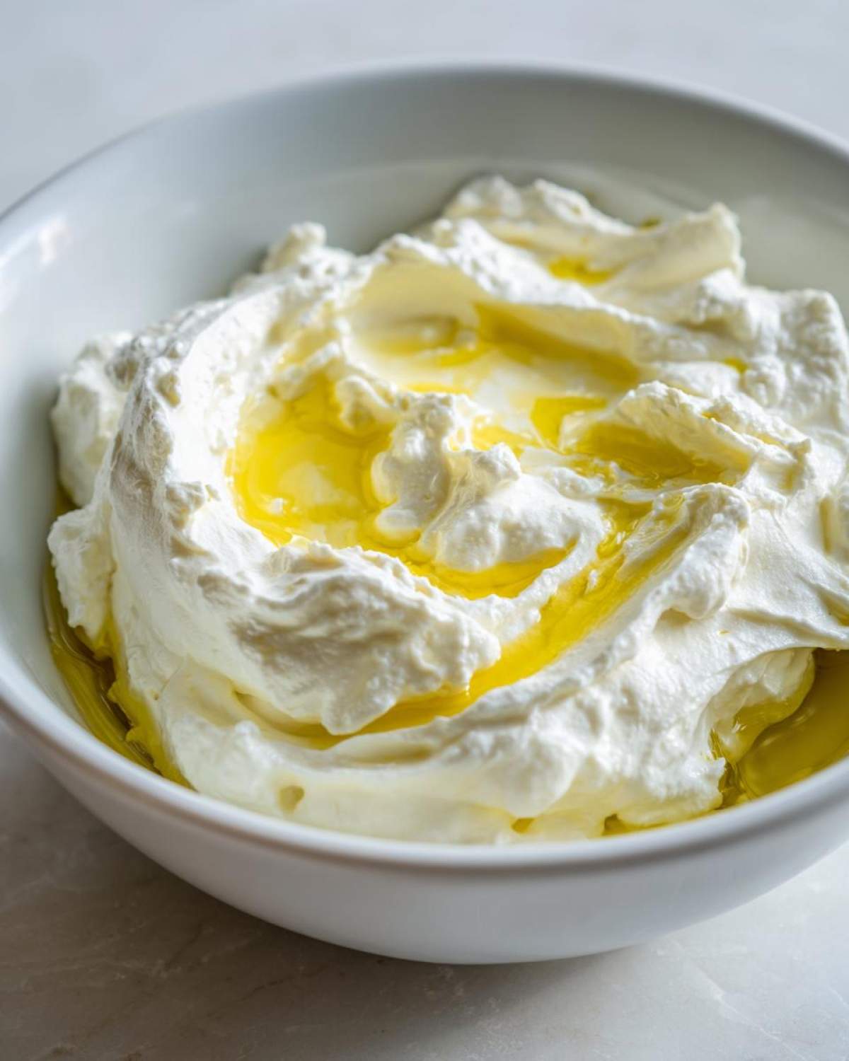 Close-up of creamy whipped feta dip topped with a generous drizzle of golden olive oil in a white bowl.