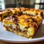 Close-up of a square slice of Crescent Roll Breakfast Casserole with browned cheese topping and layers of egg and sausage.