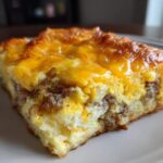 Close-up of a square slice of Crescent Roll Breakfast Casserole showing layers of sausage, egg, and melted cheddar cheese.