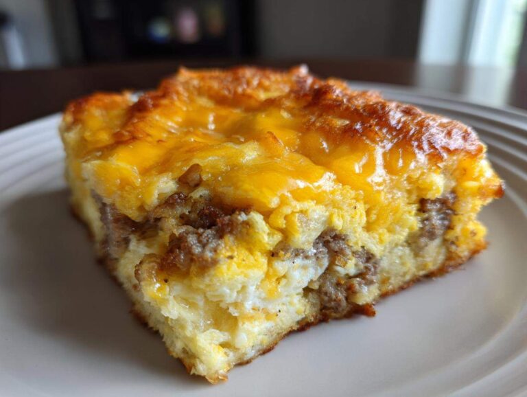 Close-up of a square slice of Crescent Roll Breakfast Casserole showing layers of sausage, egg, and melted cheddar cheese.