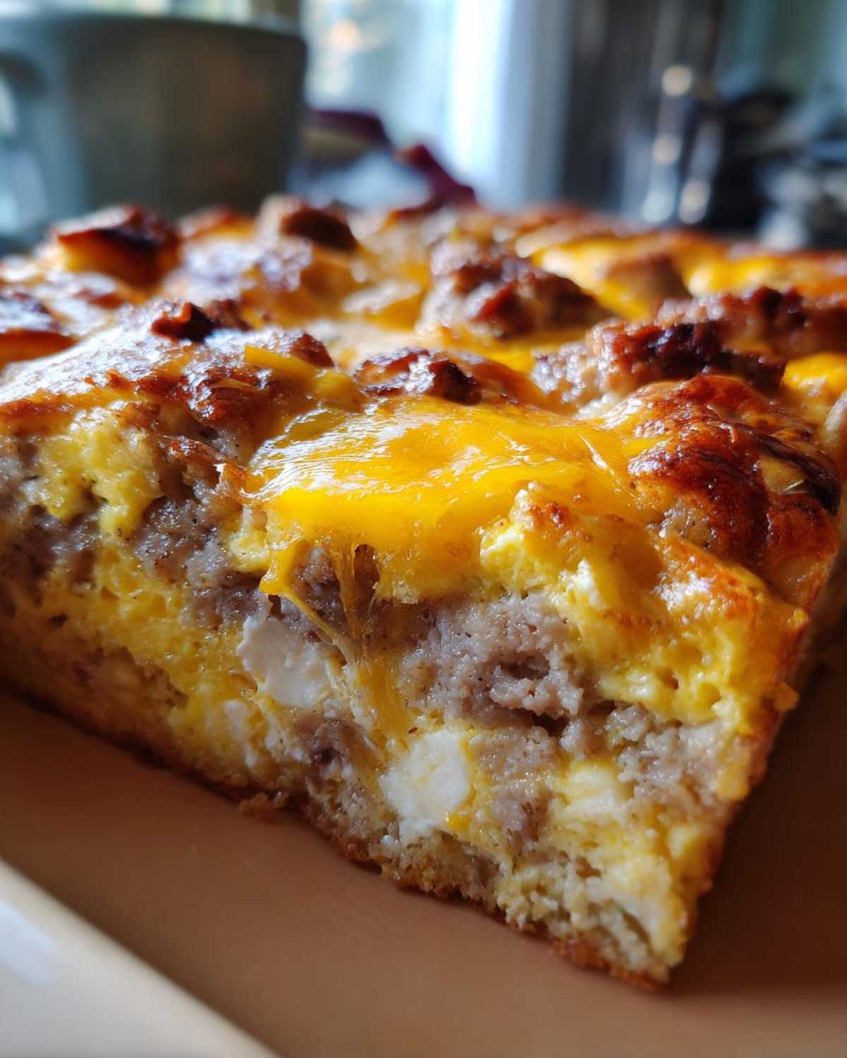 A close-up, cross-section view of a slice of Crescent Roll Breakfast Casserole showing layers of sausage, egg, cream cheese, and melted cheddar.