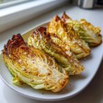 Four beautifully browned Crispy Air Fryer Cabbage Wedges seasoned with cheese, served on a white platter.