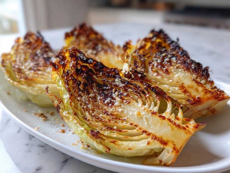 Four perfectly cooked Crispy Air Fryer Cabbage Wedges served on a white platter, showing charred edges and grated cheese.