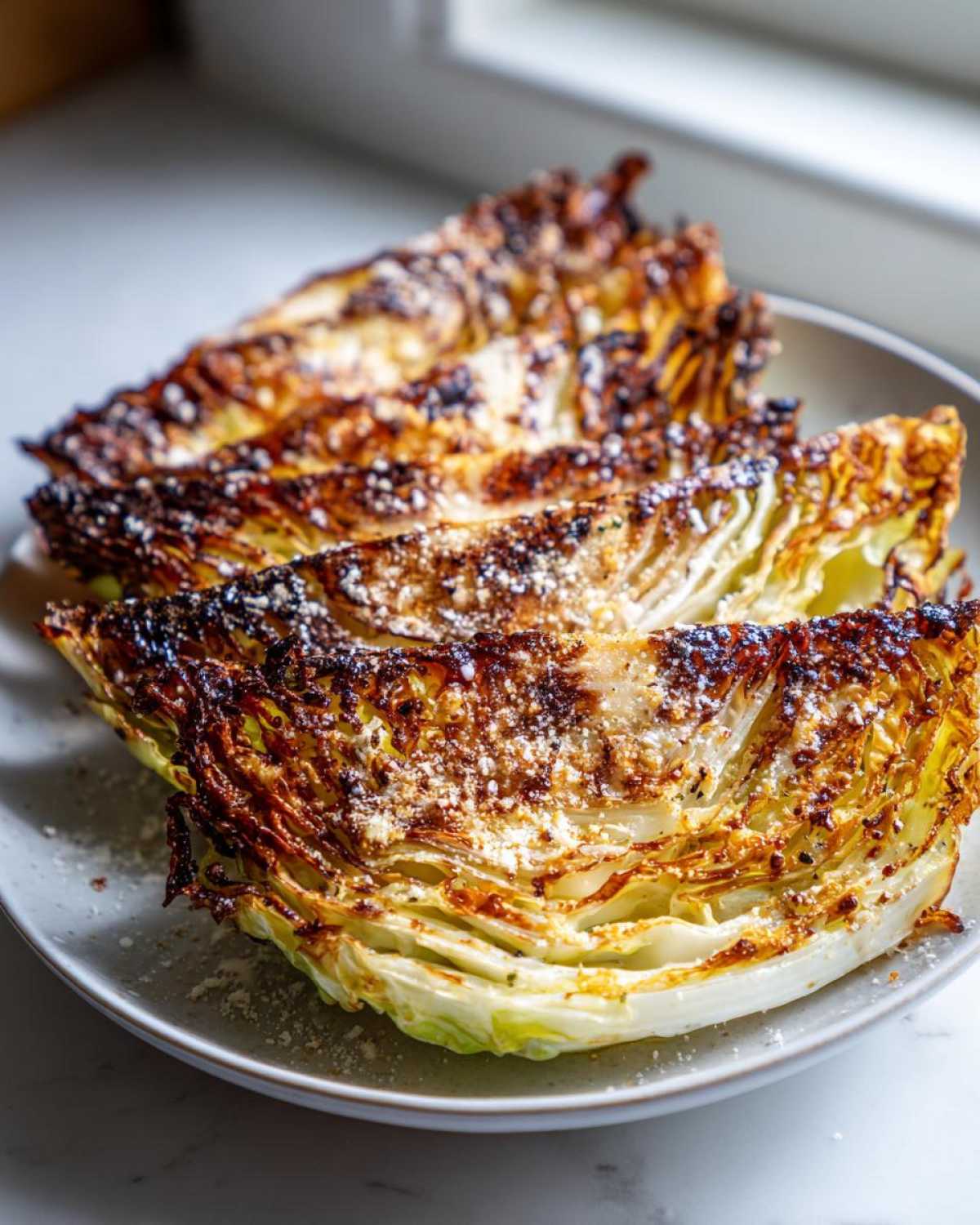 Four crispy air fryer cabbage wedges, charred on the edges and topped with grated Parmesan cheese.