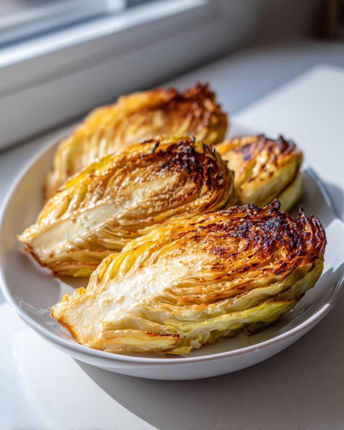 Four wedges of golden brown, crispy air fryer cabbage wedges served on a white plate.