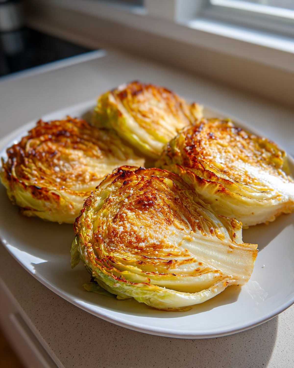Four golden brown Crispy Air Fryer Cabbage Wedges topped with Parmesan cheese, served on a white plate.