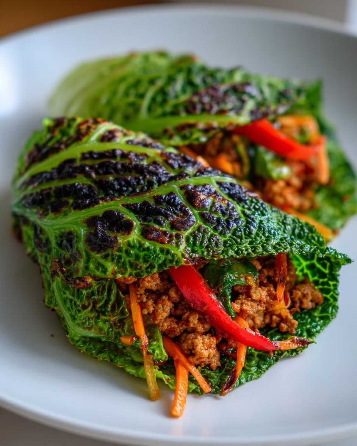 Two grilled Crispy Cabbage Taco Wraps filled with seasoned ground meat and julienned carrots and peppers, served on a white plate.
