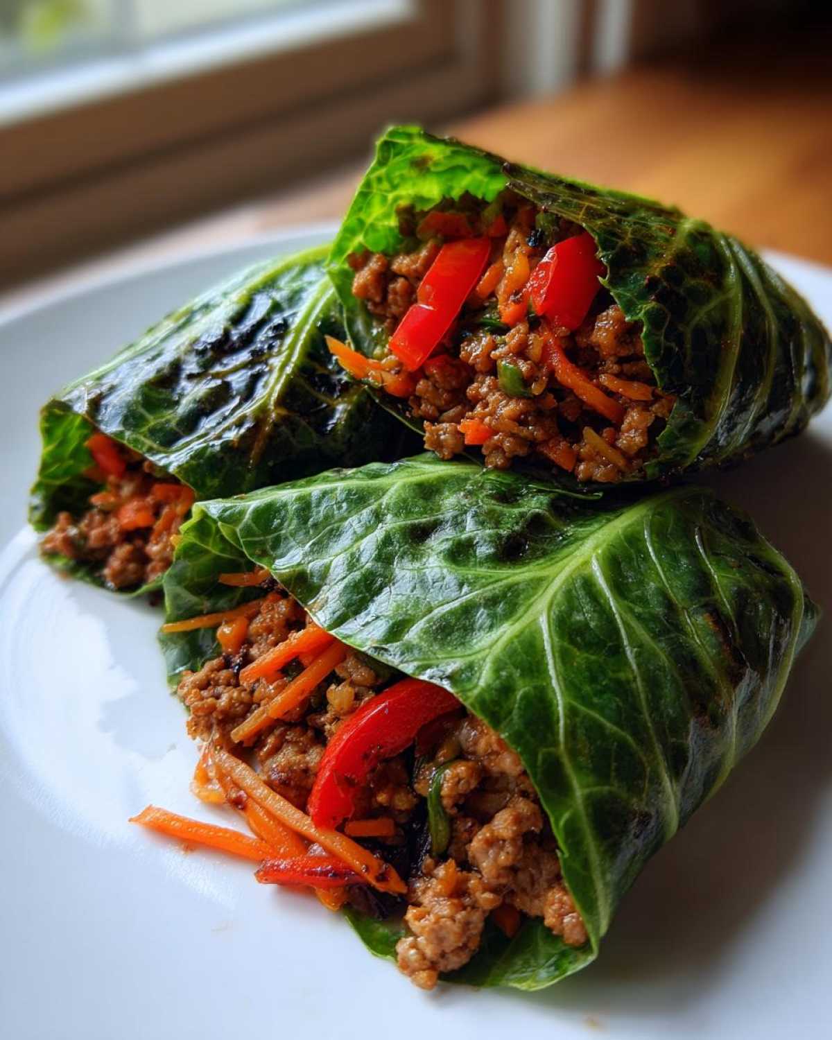 Two servings of Crispy Cabbage Taco Wraps filled with seasoned ground meat, shredded carrots, and red pepper slices, resting on a white plate.