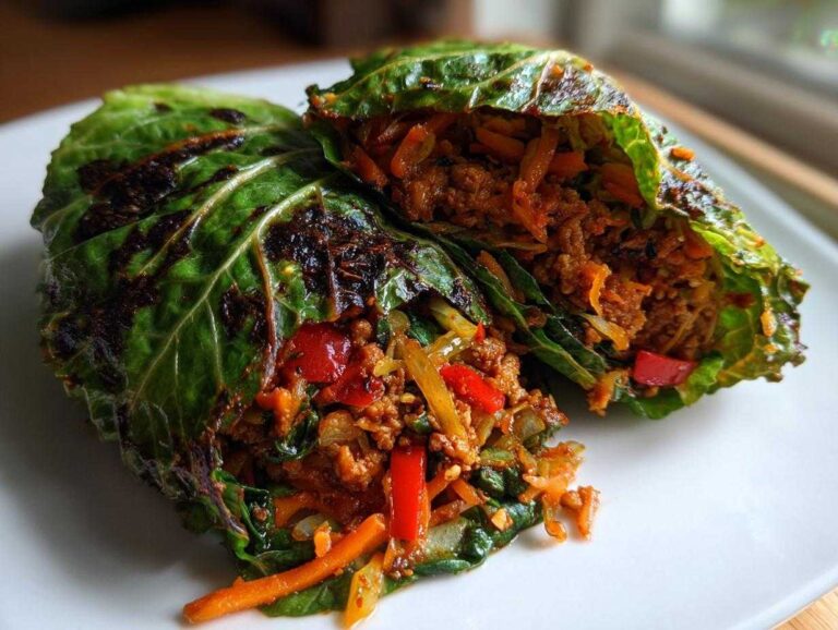 Two halves of Crispy Cabbage Taco Wraps filled with seasoned ground meat and vegetables, resting on a white plate.