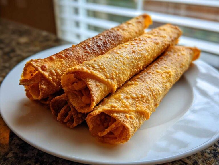 Four crispy, golden brown Chicken Taquitos stacked on a white plate, ready to eat.