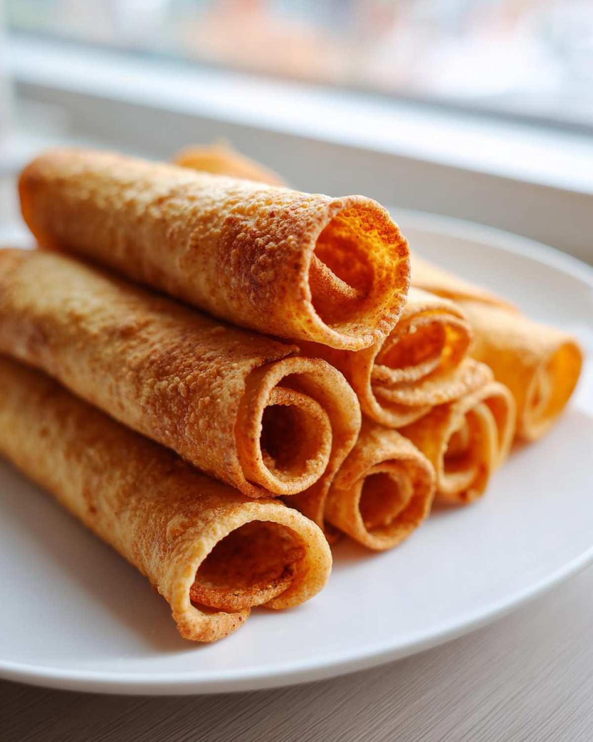A stack of golden brown, crispy rolled Chicken Taquitos piled high on a white plate near a window.