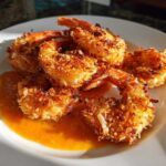 A serving of golden brown, crispy coconut shrimp resting on a pool of orange dipping sauce on a white plate.