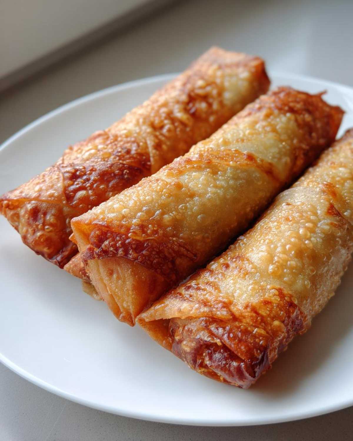 Three perfectly fried, crispy egg roll appetizers arranged diagonally on a white plate.