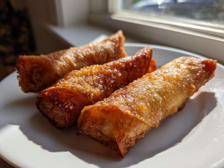 Close-up of three perfectly golden brown, crispy fried egg roll appetizers resting on a white plate near a window.