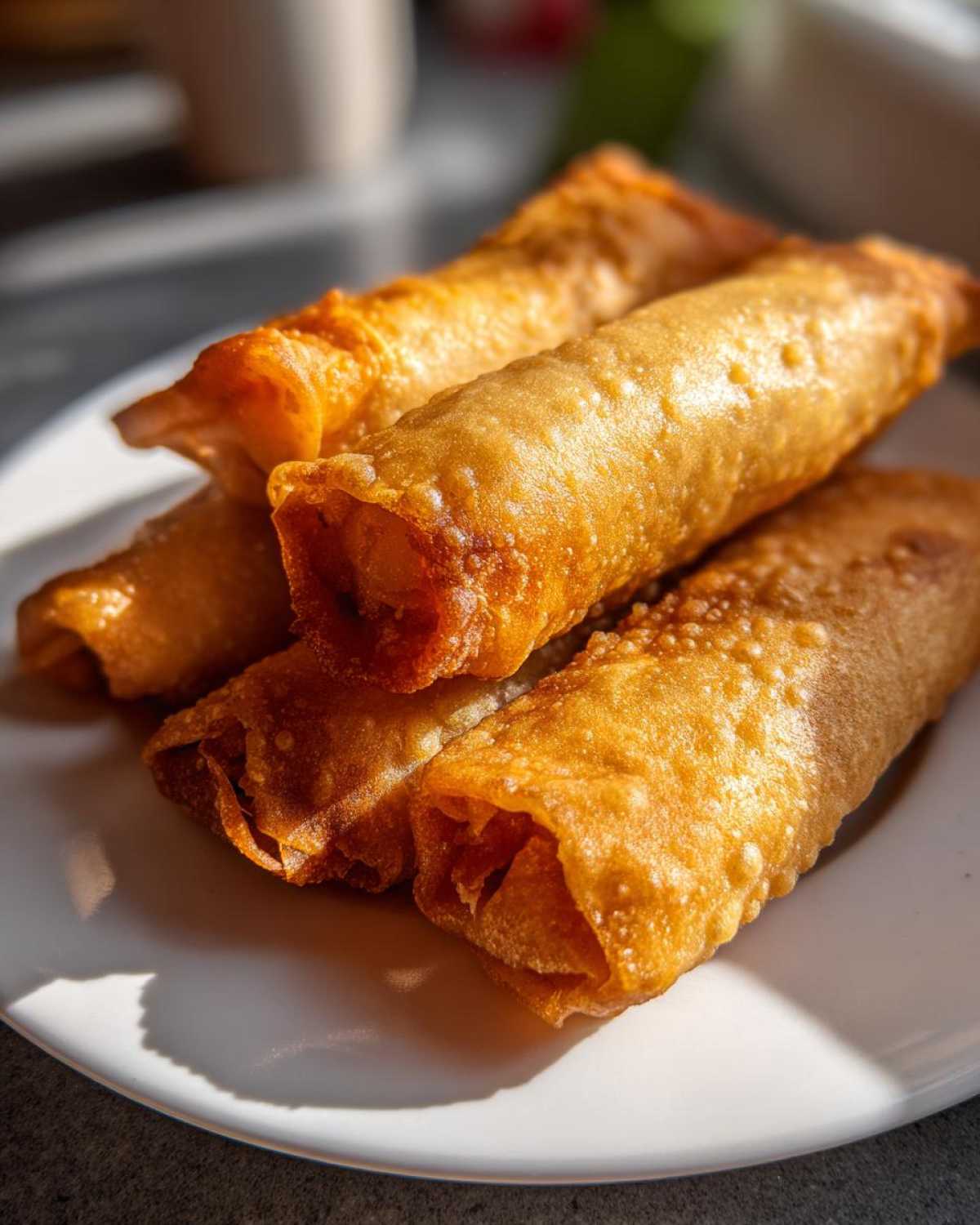 Close-up of four perfectly golden brown, crispy egg roll appetizers stacked on a white plate.