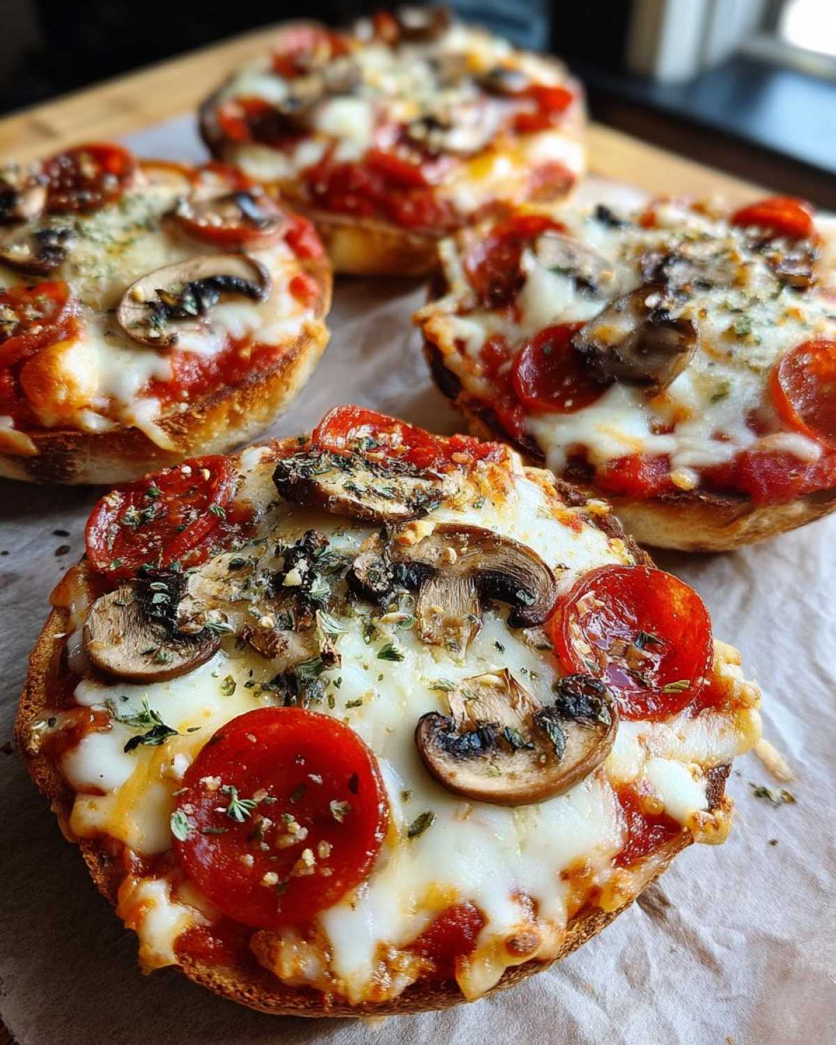 Close-up of four crispy english muffin pizza halves topped with melted cheese, pepperoni, mushrooms, and herbs.