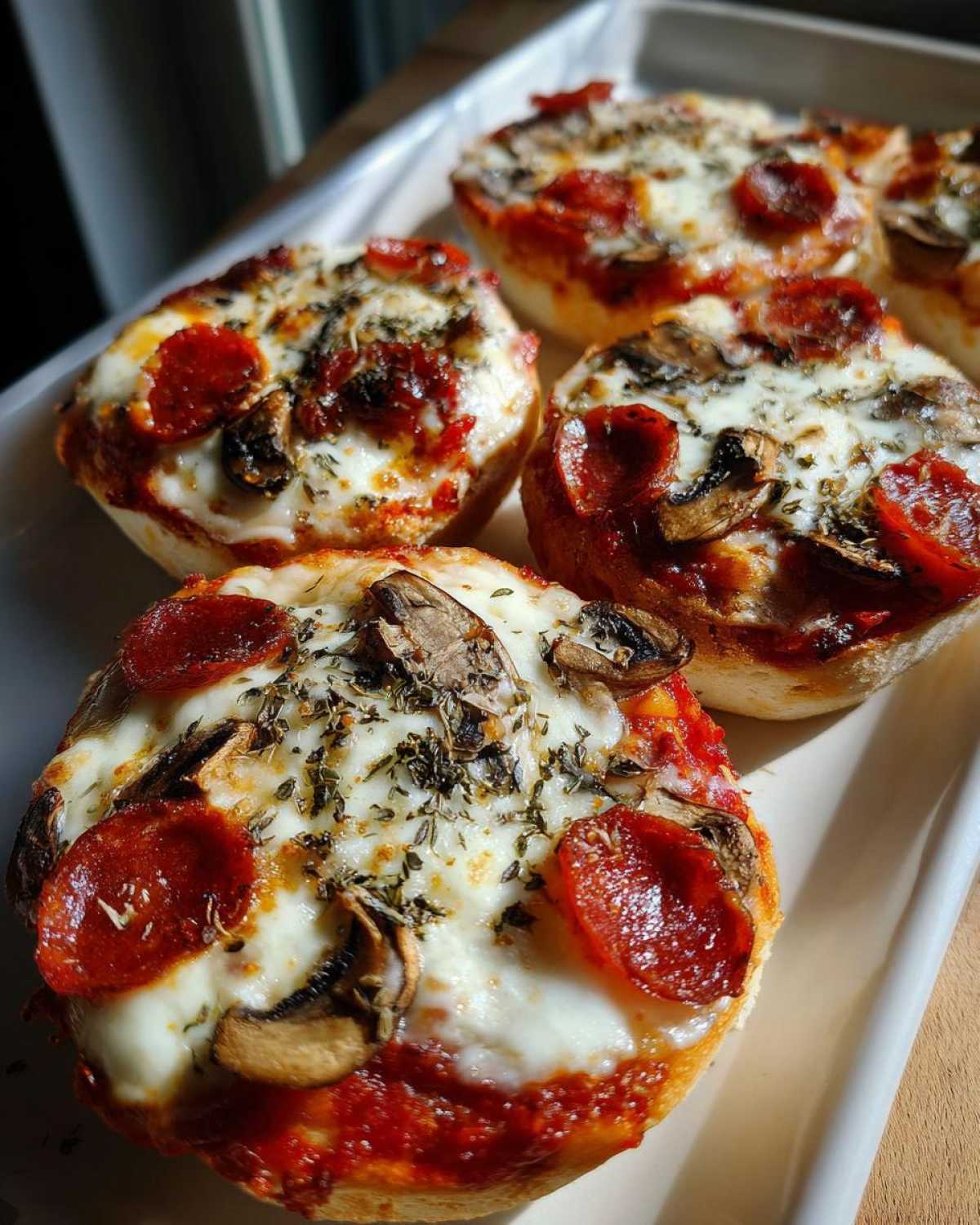 Close-up of four crispy English muffin pizza halves topped with melted cheese, pepperoni, mushrooms, and herbs.