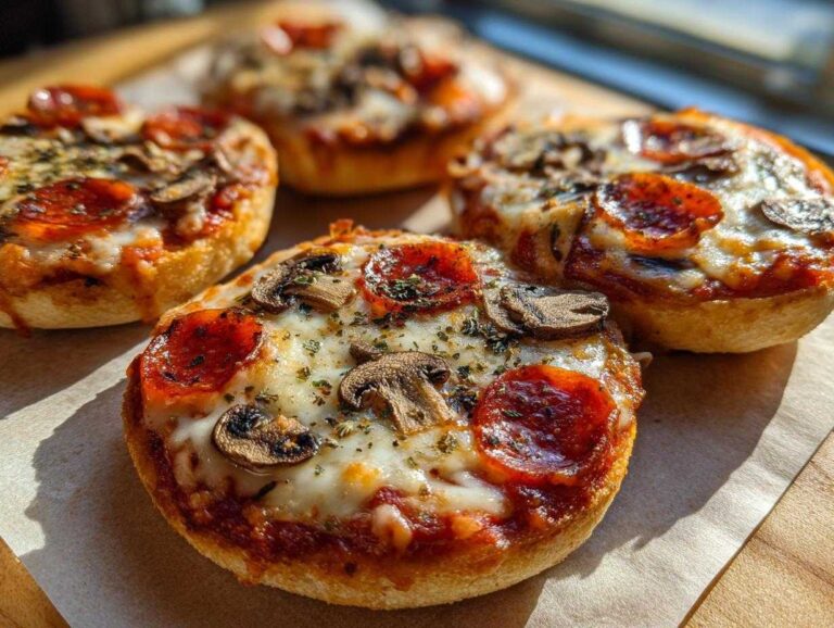 Four freshly baked english muffin pizza halves topped with melted cheese, pepperoni, and mushrooms, ready to eat.