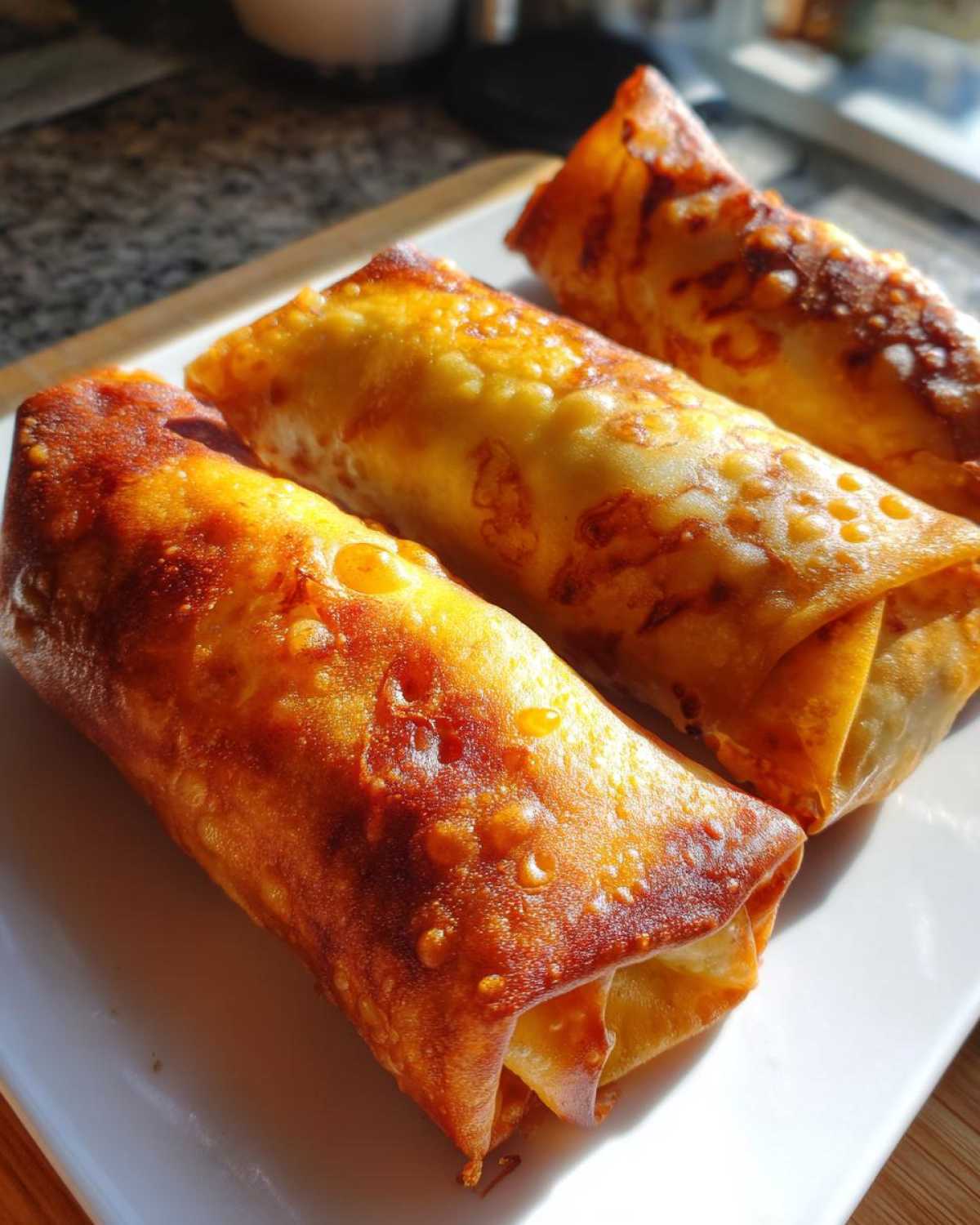 Three perfectly golden and crispy egg rolls resting on a white rectangular plate, highlighting their blistered texture.