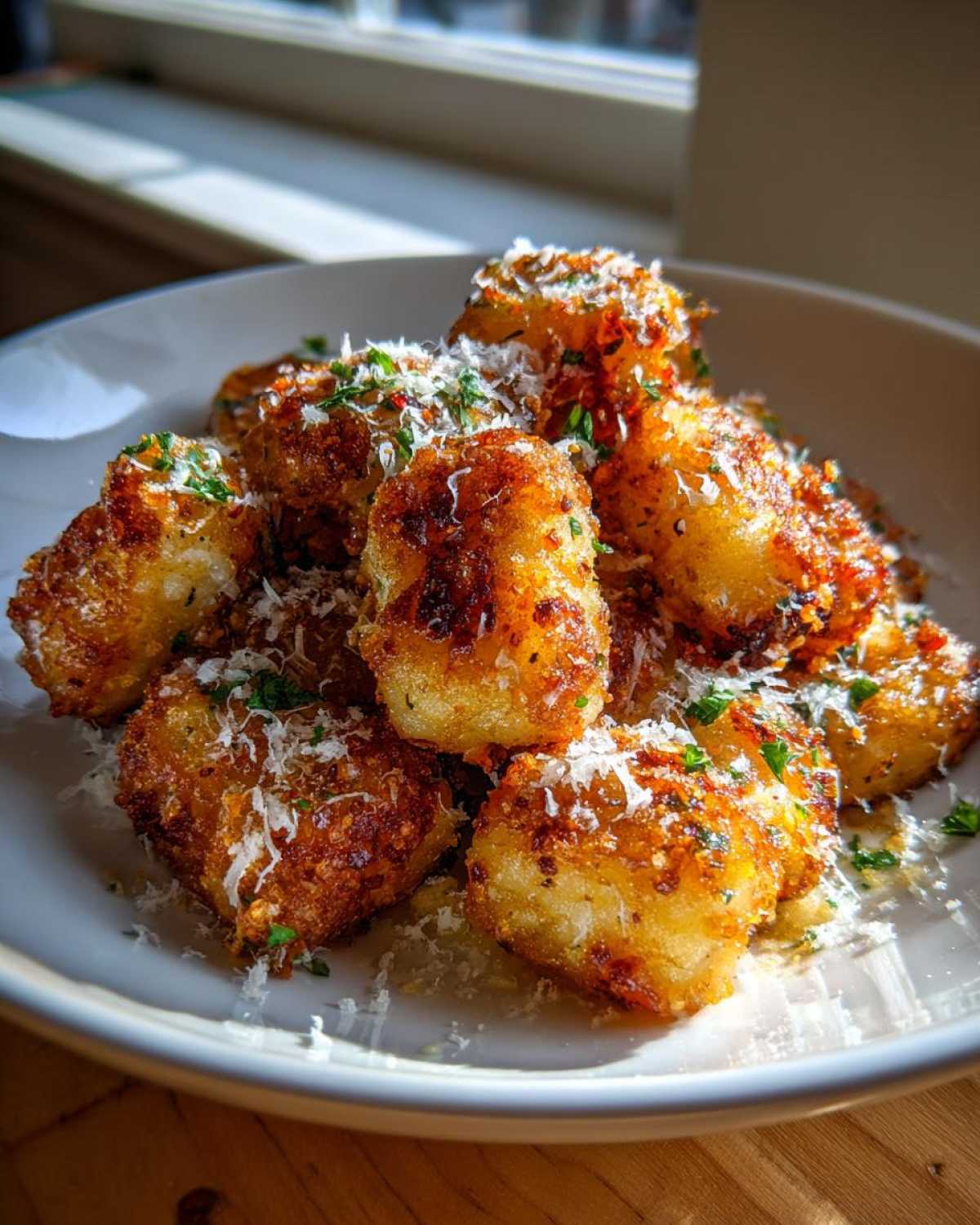 Close-up of crispy, pan-fried Leftover Potato Gnocchi from Scratch topped with grated Parmesan and parsley.