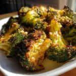 Close-up of perfectly crispy roasted broccoli florets with a browned, seasoned crust served on a white plate.
