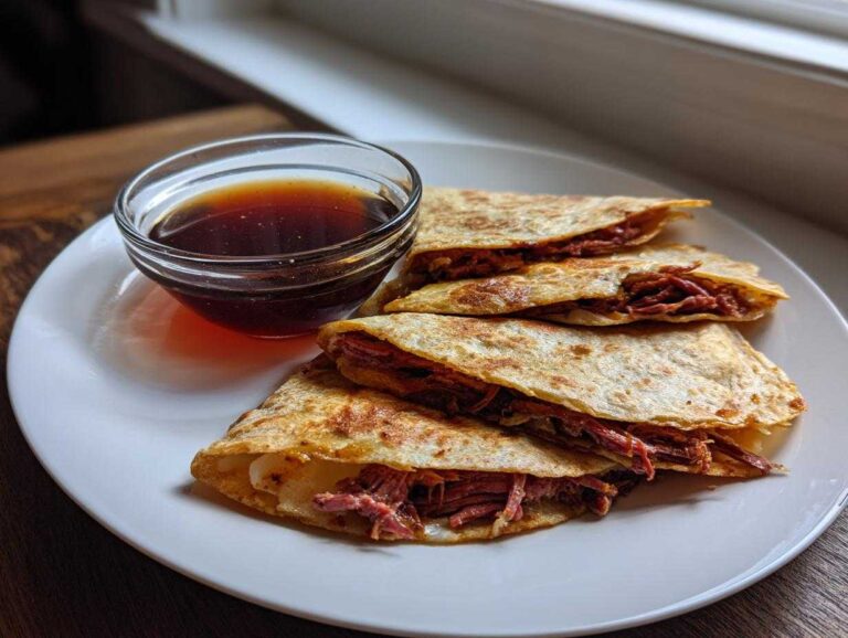 Four crispy, folded tortillas filled with shredded meat, served on a white plate next to a small bowl of dark consommé for dipping, perfect for Slow Cooked Birria Tacos.