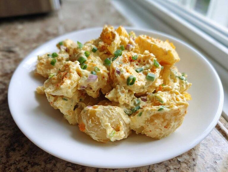 A close-up of creamy Crispy Smashed Potato Salad served on a white plate, garnished with chives and paprika.