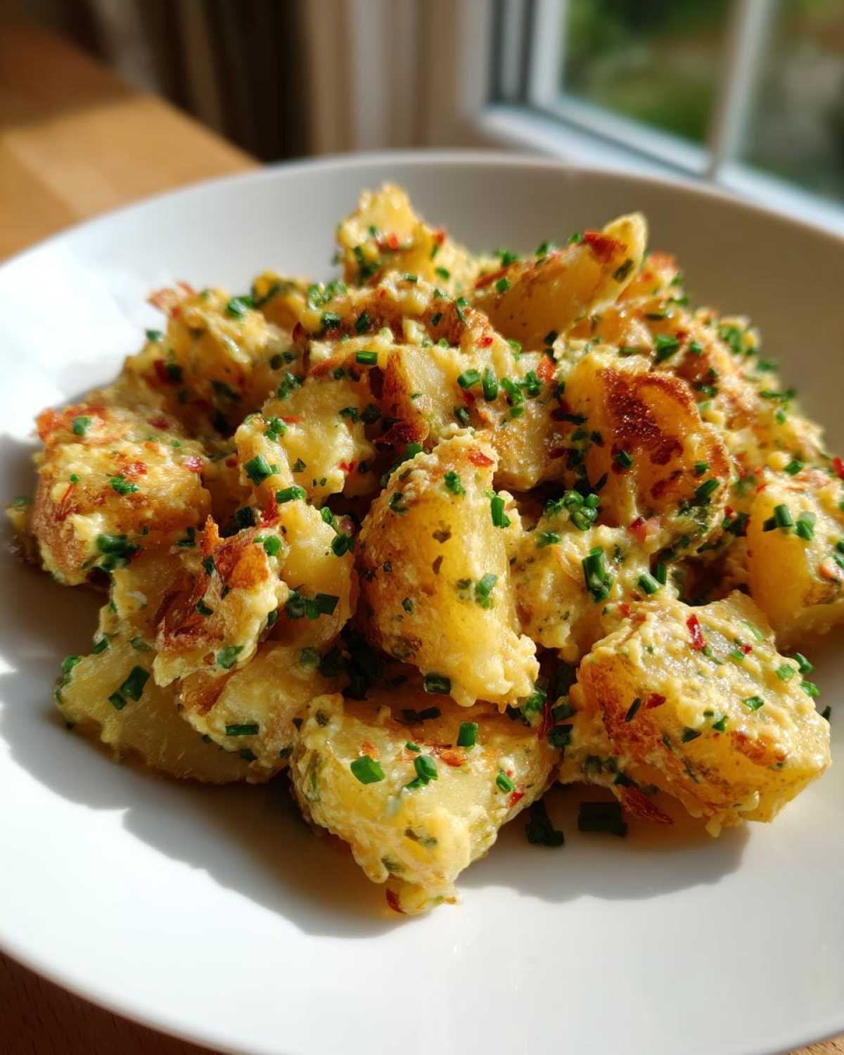 A close-up of a white bowl filled with Crispy Smashed Potato Salad, coated in a creamy dressing and topped with fresh green chives.