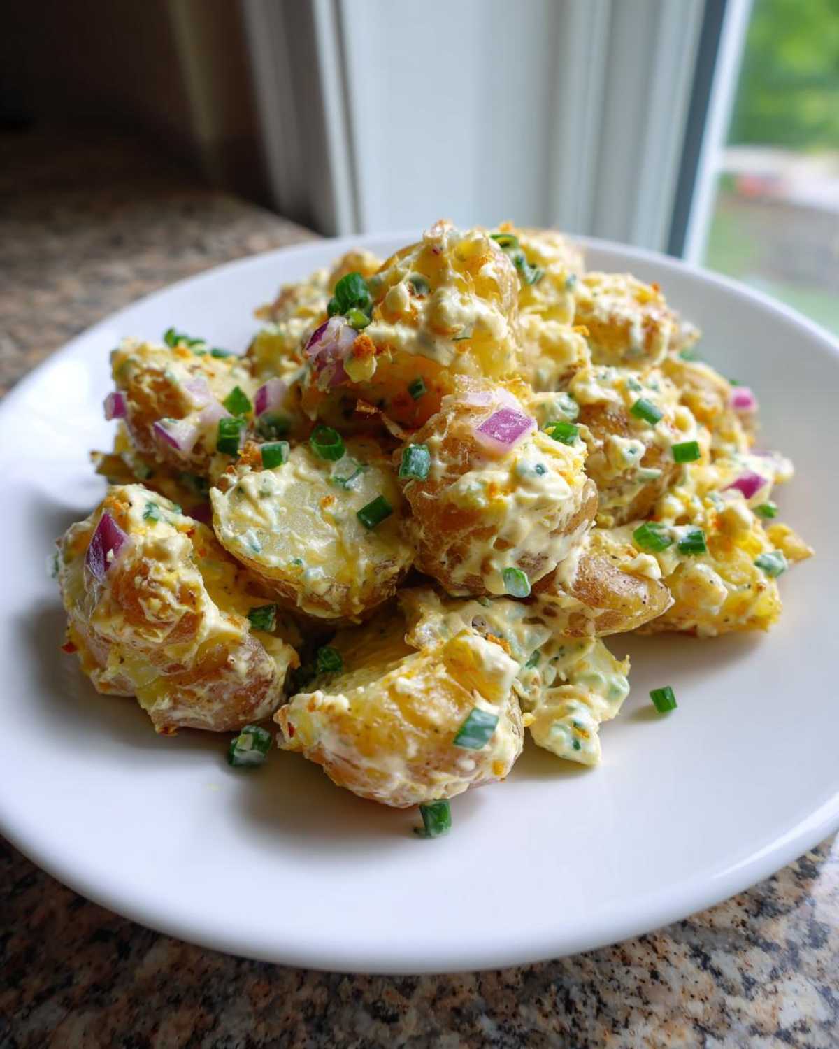 A close-up of creamy Crispy Smashed Potato Salad mixed with red onion and chives, served on a white plate.