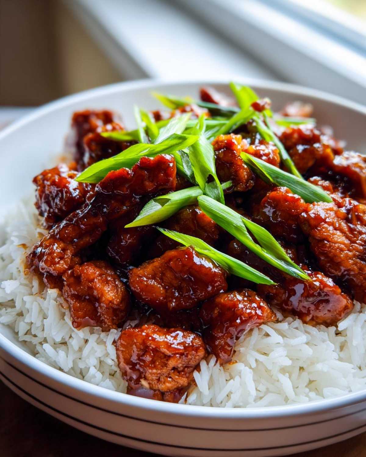 Close-up of sticky, glazed Crockpot Bourbon Chicken pieces served over fluffy white rice and topped with fresh green onions.