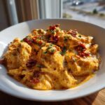Close-up of tender chicken pieces coated in a rich, creamy sauce, topped with sun-dried tomatoes and parsley, representing crockpot marry me chicken.