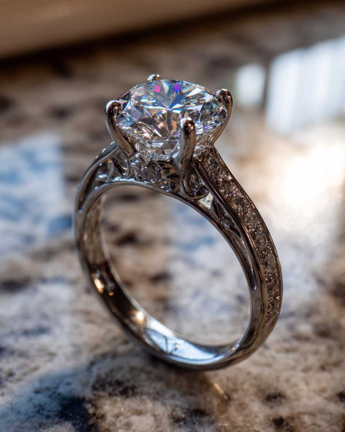 Close-up of a brilliant-cut diamond engagement ring set in white gold, illustrating how to Create Your Dream Ring.