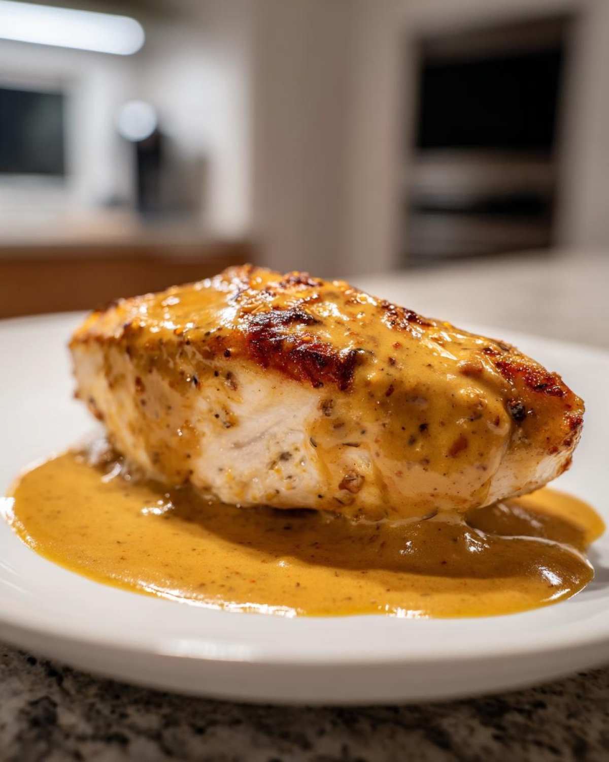 A close-up of a juicy chicken breast smothered in a rich, creamy dijon chicken sauce, served on a white plate.