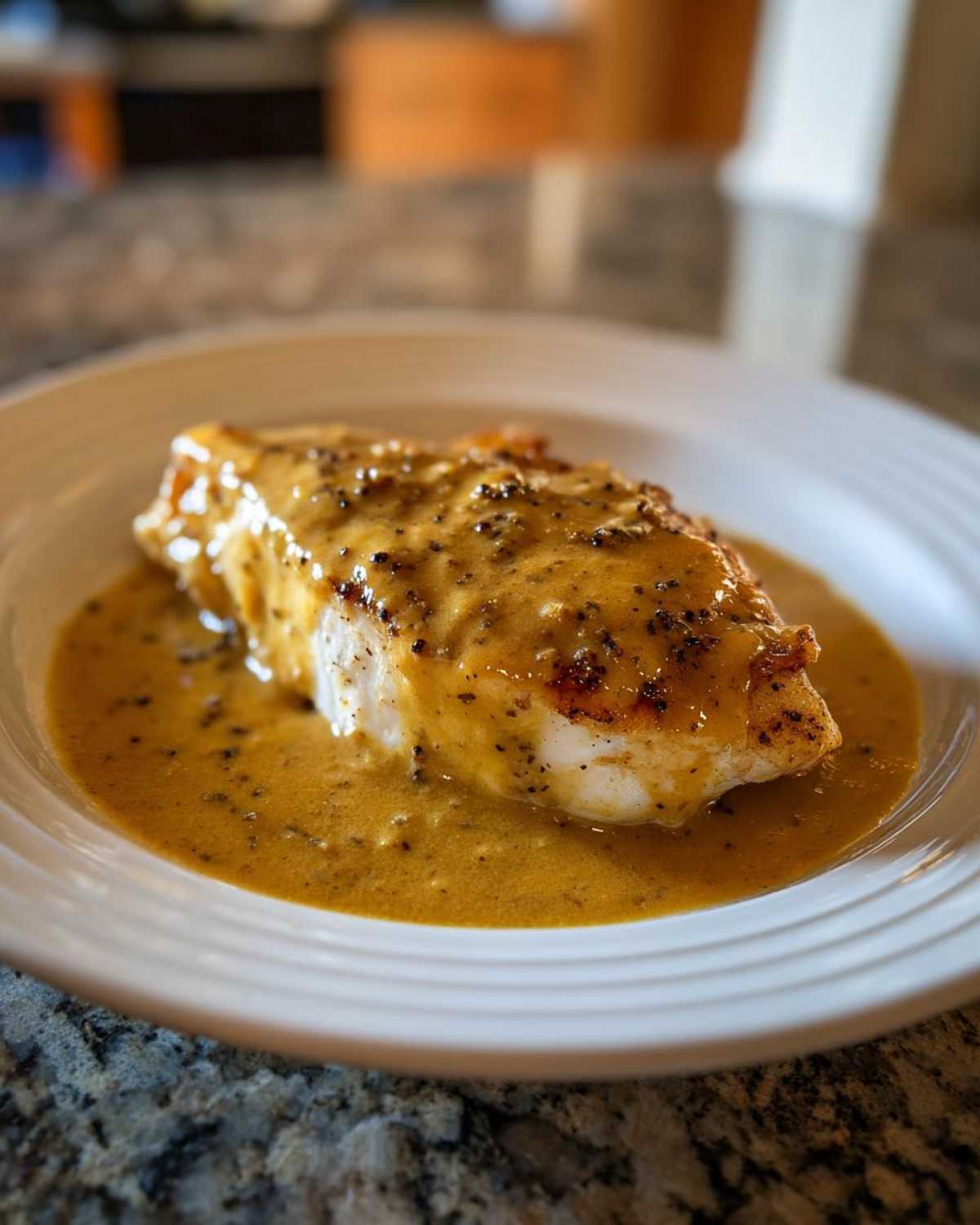 Close-up of a pan-seared chicken breast smothered in a creamy, grainy Dijon chicken sauce.