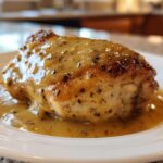 Close-up of a perfectly cooked piece of dijon chicken breast smothered in a rich, speckled mustard sauce.